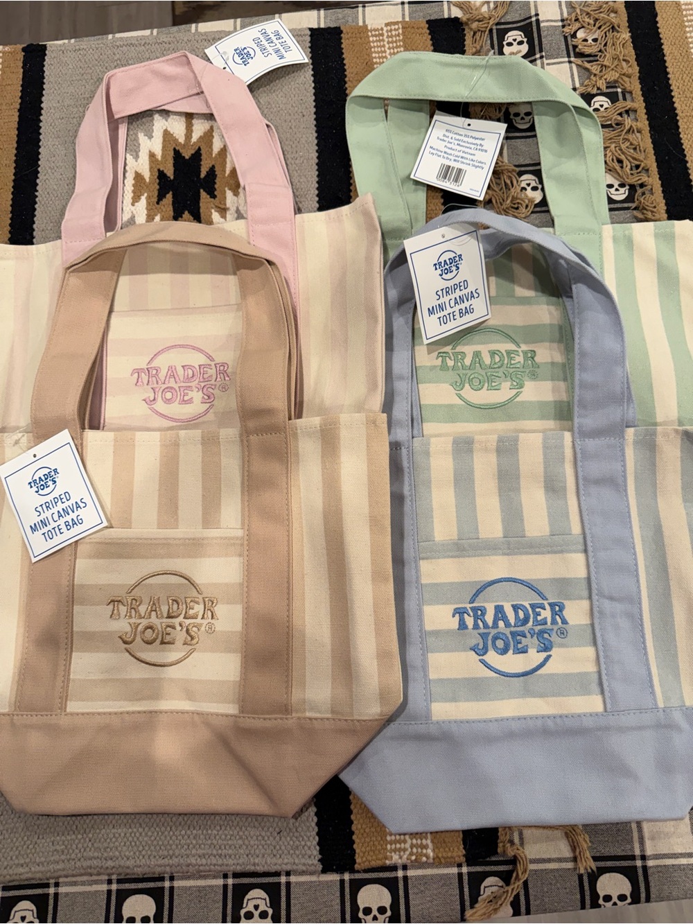 Trader Joe's Striped Mini Canvas Tote Bag - Pastel Pink, Beige, Mint, Light Blue